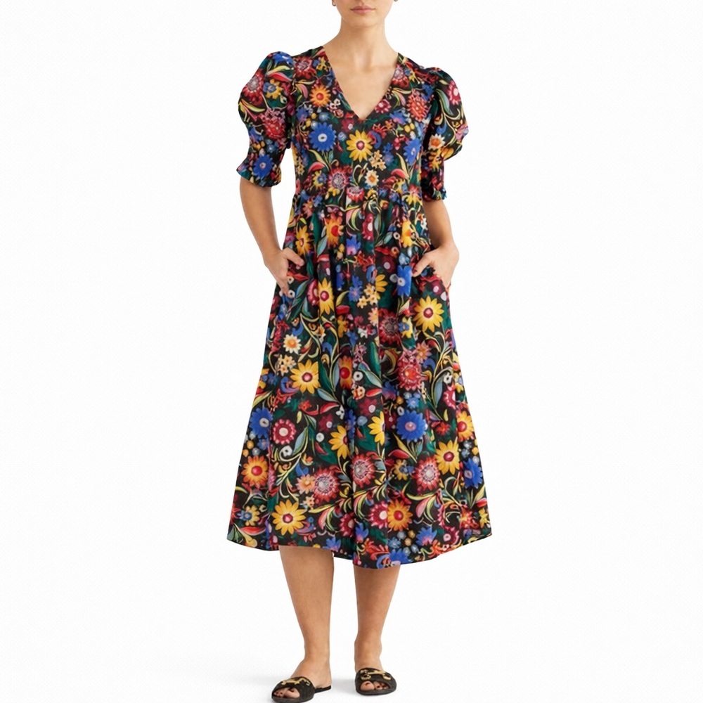 Boden US 6P Smocked Bodice Midi Dress 0004 Gardenia Pop puff sleeve petite 6